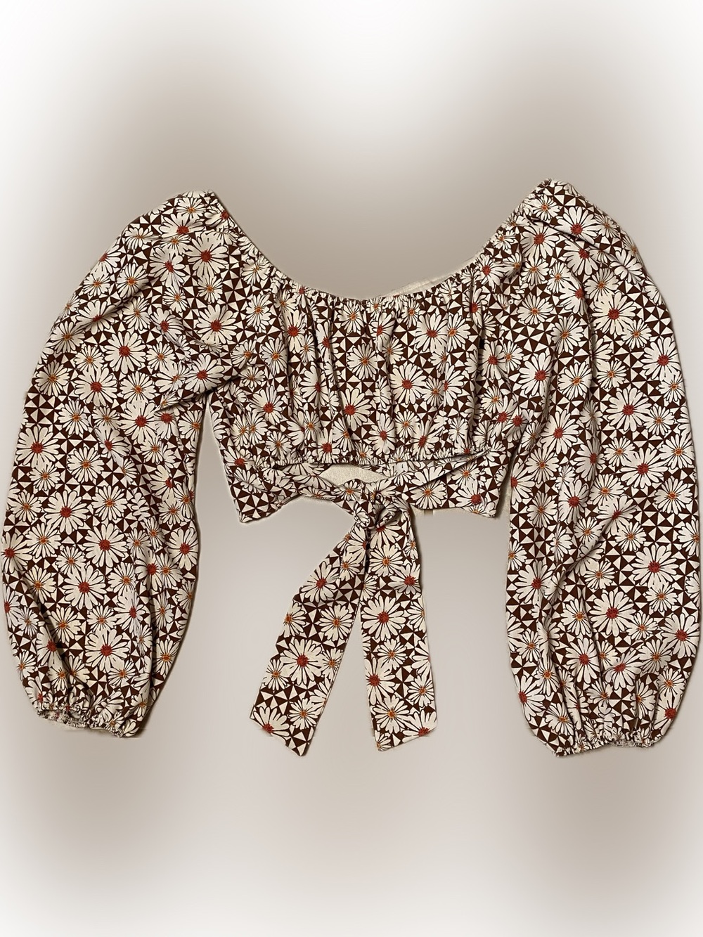 Altared State Floral Tie-back Off-Shoulder Crop Top - Brown/Cream